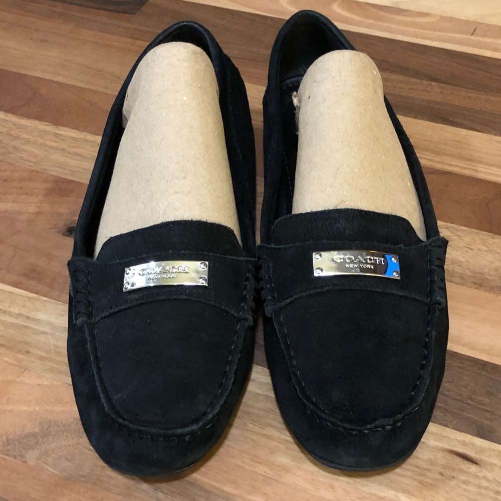 Coach Black Suede Women's Slip-On Loafers with Silver Plaque